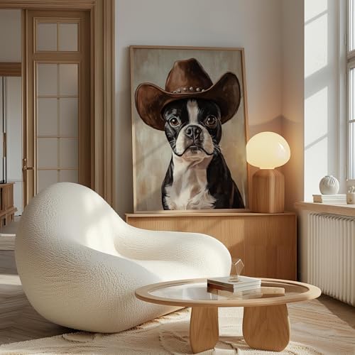 Image of aj decor Boston Terrier Cowboy Hat Wall Art Print Poster, Dog Pet Lover Picture Painting Artwork Bedroom Living Room Office Dining Room 150D (Boston Terrier Cowboy Hat, 11 inch W x 14 inch L, Wood Frame)