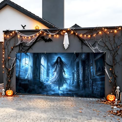 Image of Halloween Garage Door Decorations 6 x 13 ft, Ghost Hall Cover
