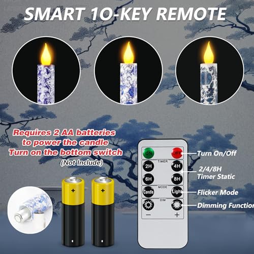 Image of 6 PCS Chinoiserie Flameless Candles - Blue and White Decor Flameless Candles Battery Operated Floral Printed Faux Candles Blue Candles Chinoiserie Decor for Wedding Garden Festive Party Decoration
