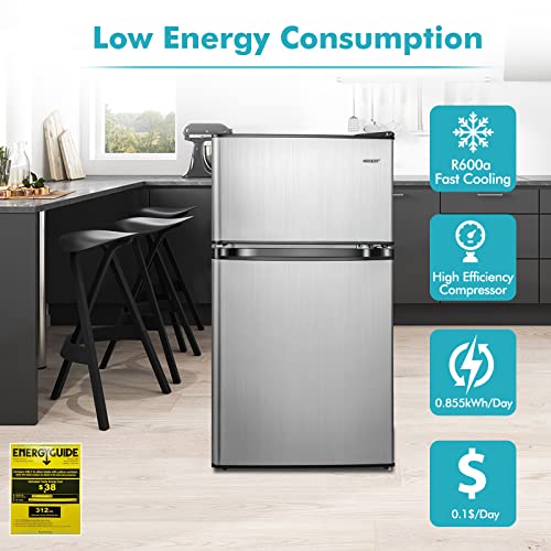 COSTWAY Compact Refrigerator, 3.2 Cu.Ft. Fridge Freezer Compartment with Reversible 2 Door, Adjustable Thermostat, Removable Glass Shelves, Mini Refrigerator for Bedroom Dorm Apartment, Silver - Image 5