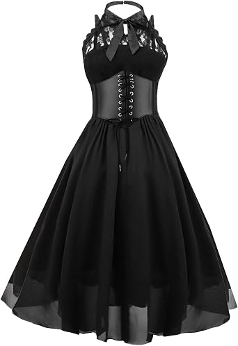 GOLDSTITCH Women's Sleeveless Gothic Lace Dress with Corset Halter Lace Swing Cocktail Dress