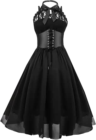 Women's Sleeveless Gothic Lace Dress with Corset Halter - Swing Cocktail Dress
