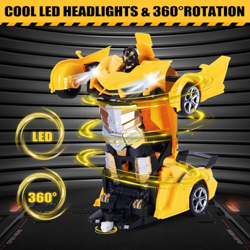 Highttoy Ferngesteuertes Transformator Auto mit Gestenerfassung, Licht und Musik, 2.4GHz 360° Drehung 1:18 RC Auto Roboter Spielzeug ab 3 4 5 6 7 8 Jahre Jungen Mädchen Geschenk, Gelb