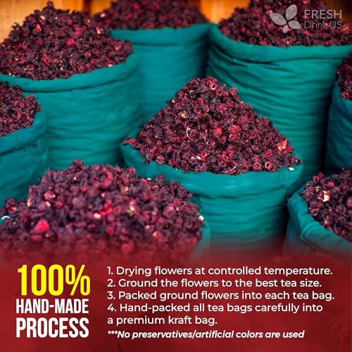 Image of FreshDrinkUS, Premium 10 Hibiscus Flowers Tea Bags, 100% Natural, Pure from Hibiscus Flowers. Loose Flower Herbal Tea. No Sugar, No Caffeine, No Gluten, Vegan.