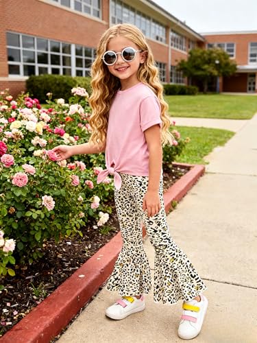 Image of Ayzozuy Tween Girls 2 Piece Outfits Short Sleeve Cartoon Graphic T-Shirt & Flared Pants Kids Clothing Set Size 8-13 Years