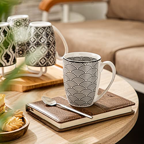 Vancasso Haruka Coffee Tea Cup Set, 4 Piece Porcelain Ceramic Cappuccino Espresso Mug Set, Crockery Patterned Black And White, Japanese Style, 12Oz/360 Ml #TOP7