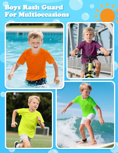 Image of Boys Rash Guard Swim Shirt UPF 50+ Short Sleeve Athletic Shirts Quick Dry Fit Sun Shirt Neon Tees for Kids Girls Youth 2-16Y