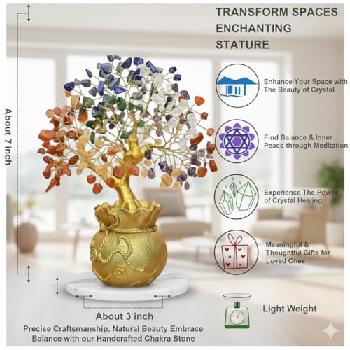 Image of 7 Chakra Crystal Tree with Golden Money Bag Base | Natural Gemstone Money Tree for Wealth Prosperity & Positive Energy | Feng Shui Vastu Tree for Home Office Decor & Good Luck Gift