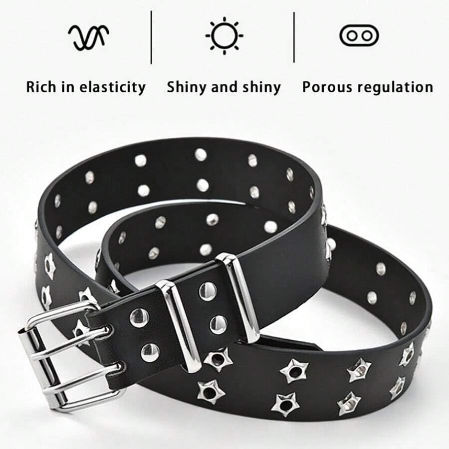 Punk Style Black Leather Belt for Women and Men, Fashion Wide Waist Belt with Star Studs Double Pin Buckle for Jeans Pants Streetwear2