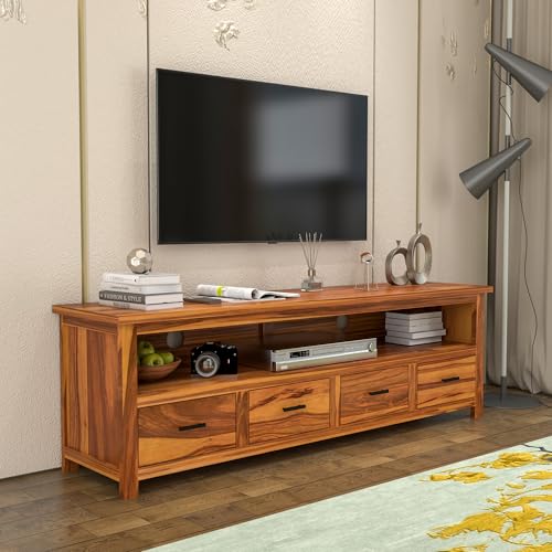 Image of Sheesham Solid Wood TV Cabinet for Living Room | Handcrafted Wooden TV Unit with Storage | Elegant Entertainment Stand for Modern Homes (4 Drawer Tv Cabinet, Honey)