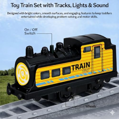 Image of Electric Express Railway Train Set for Boys | Battery Operated Engine with Coach & Track Pieces | 14 Piece Train Toy Set for Boy