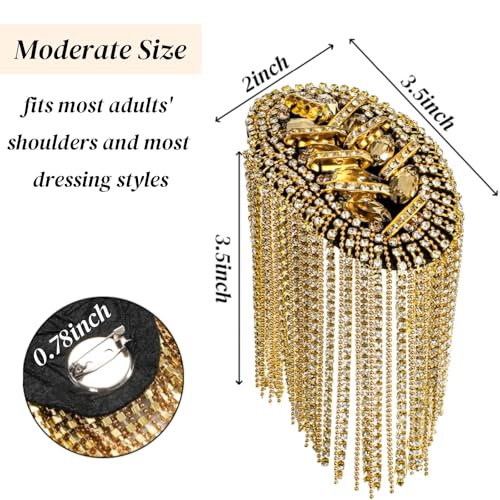 2 Pack Tassel Shoulder Epaulette, Metal Cosplay Ringmaster Shoulder Pads Epaulet with Pins, Gold Rhinestone Beaded Diamond Shoulder Boards Badge Brooch for Men Women Uniform Costume2