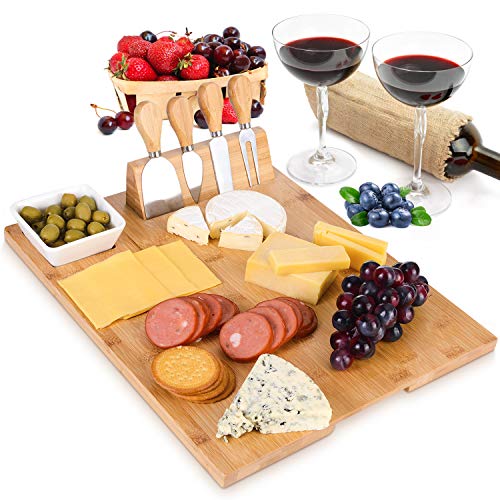MH ZONE Bamboo Cheese Board Set (Upgrade Type 16 x 13 ) with 4 Specialist Stainless Steel Knife and Ceramic Dish, Perfect Christmas Gifts for Family, Friend or Lover