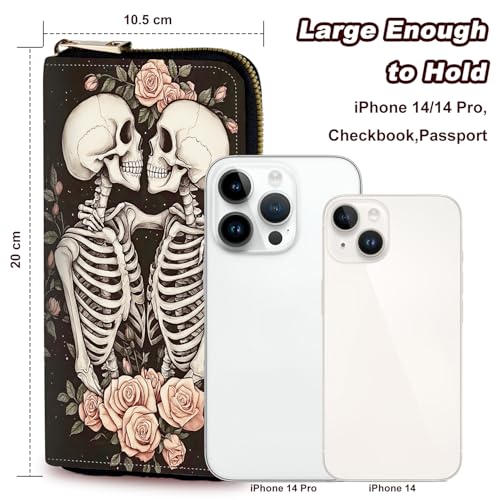 Wristlet Wallet for Women Teen Girls Womens Wallet RFID Blocking Credit Card Holder with Removable Wristlet,Leather Phone Wallet Clutch Large Capacity Ladies Travel Purs,Pink Floral and Skeleton3