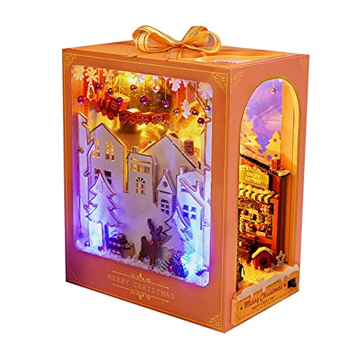 Kit de rincón de libros de Navidad con luz LED y muebles, kit de casa de muñecas de madera para bricolaje, kit de construcción de modelo de casa, decoración de estantería