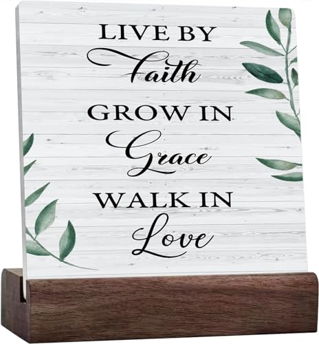 AimQurt Live By Faith Grow In Grace Walk In Love Ceramic Table Plaque With Wooden Stand Motto Desk Decorations Office Decor Inspiration Positive Unique Thank You Present, 4x4inch, style-7