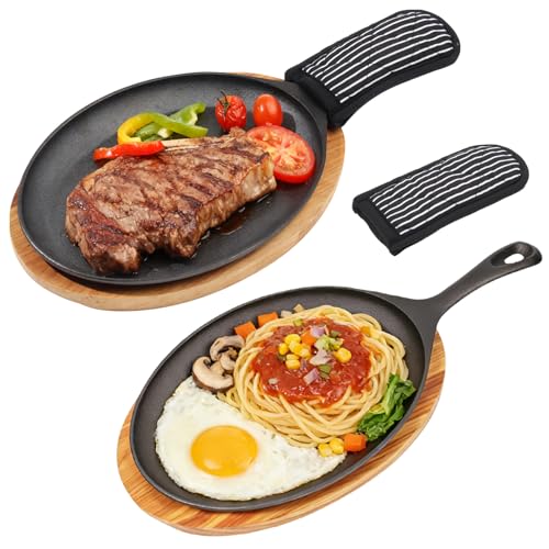 2 Sets Cast Iron Fajita Skillet Set Sizzling Plate with Wooden Base & Anti Scald Protection Hot Handle Cover Cast Iron Skillets Set for Home Barbecue Kitchen Party Restaurant Catering Service