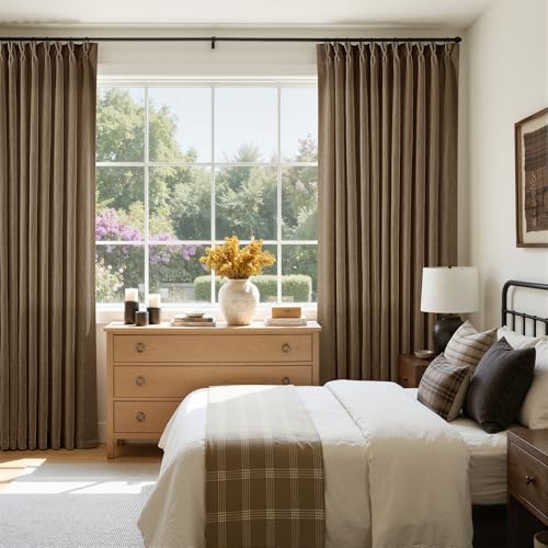 Image of Extra Wide 90 Inch Long Curtains 70 Inch Wide Pinch Pleat Linen Curtains for Living Room Bedroom Light Filtering Privacy Pleated Drapes Hooks Rings Back Tab for Sliding Door Dutch Cocoa 1 Panel