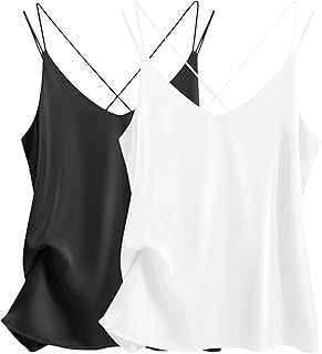 Womens 2-Pack Silk Satin Camisole Tank Top V Neck Sexy Cross Back Spaghetti Strap Cami Sleeveless Lounge Tops