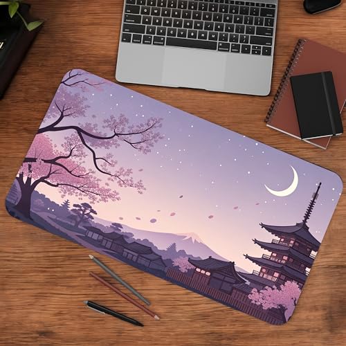 Image of Nighttime Cherry Blossom Premium Desk Mat | Anti-Skid | Anti-Slip | 80 x 30 cm | Laptop Mat for Work from Home /Office /Gaming- Extended Mouse pad and Keyboard Desk mat