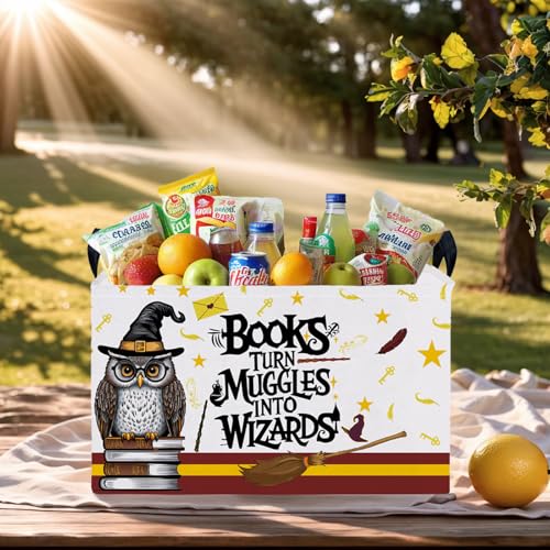 Image of Kid Rectangle Magic Decor Basket Nursery Baby Gift Basket Feather Hat Book Broomstick Toy Storage Bin (Wand Owl)