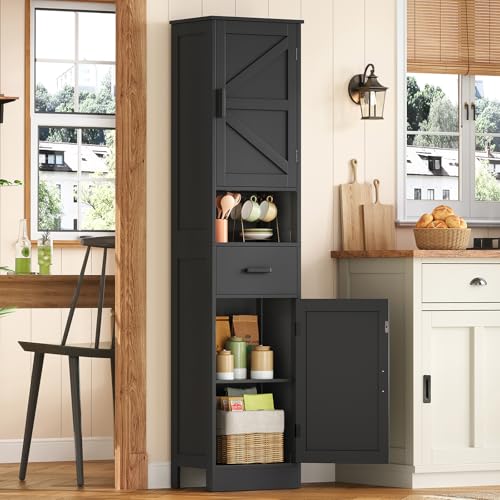 Image of TEENFON Tall Bathroom Storage Cabinet with Barn Doors, Narrow Bathroom Cabinet with Drawer, Narrow Storage Unit, Adjustable Shelves, Floor Cabinets for Living Room, Entryway, Kitchen, Black