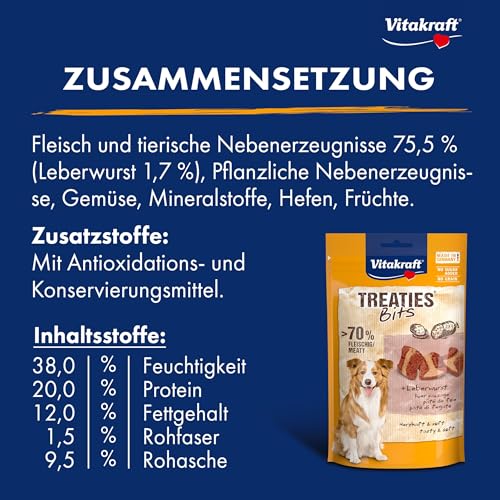 Vitakraft Treaties Bits, Hundeleckerli getreidefrei, mit Leberwurst, mit hohem Fleischanteil, ideal als Belohnung und Training, ohne Zusatz von Zucker (1x 120g) (Packung mit 2)