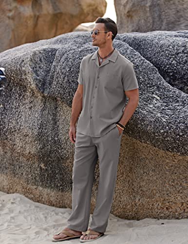 Image of COOFANDY Men 2 Piece Linen Outfit Beach Button Down Shirt Casual Loose Pant Sets