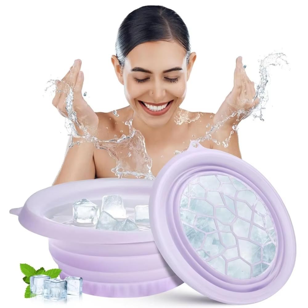 Facial Cold Plunge Bowl kit- Face Bowl for Ice, Portable Foldable Silicone Ice Facial 𝖡owl for Puffiness, Skin Relief & Beauty Care, Includes Reusable Cubes (PINK)-image-36