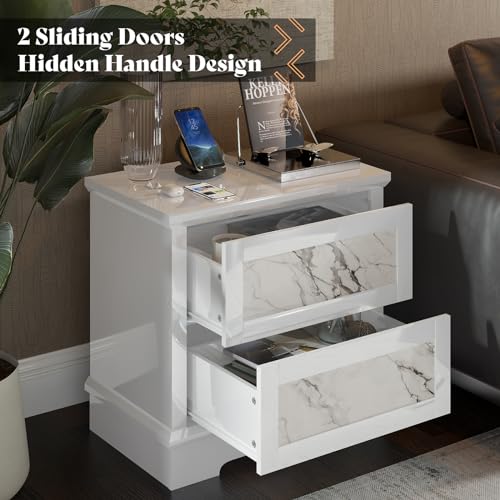 Amerlife CNS025 Luxury Natural Marble Nightstand Set Of 2 With Drawers, High Gloss Side Tables In Living Room, Storage End Table For Bedroom thumb #1