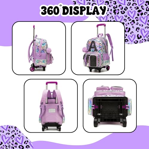 Image of Meetbelify 3 in 1 Backpack with Wheels for Girls Rolling Letter Backpack Cute Carry on Backpack Kids Luggage with Lunch Box Pencil Case for Elementary Student