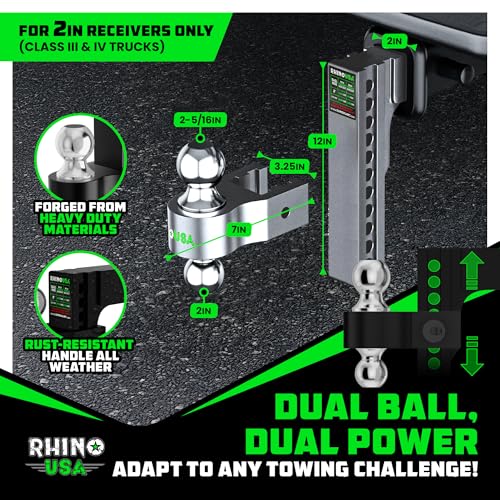 Image of Rhino USA Adjustable Trailer Hitch (Fits 2-Inch Receiver)-Heavy Duty Aluminum Tow Hitches with 10-Inch Drop /Rise for Truck (12,500 LBS GTW) - Weatherproof Double Anti-Theft Locking Hitch Pins (Silver)