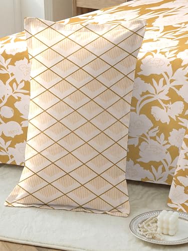 Image of Cotton Glace Cotton Elastic Fitted Bedsheet with 2 King Size Pillow Covers | Double Bed with All Around Elastic, Fits Upto 8 Inches Mattress, Size 72 x 78 Inches (Yellow White)