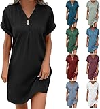 Generisch Sommerkleid Damen Kleider Baumwolle Leinen Kurzarm Strandkleid Elegant Sommerkleider Summer Dress Tankkleid Leicht und Luftig Tshirt Kleid Damen Sale Schwarz L