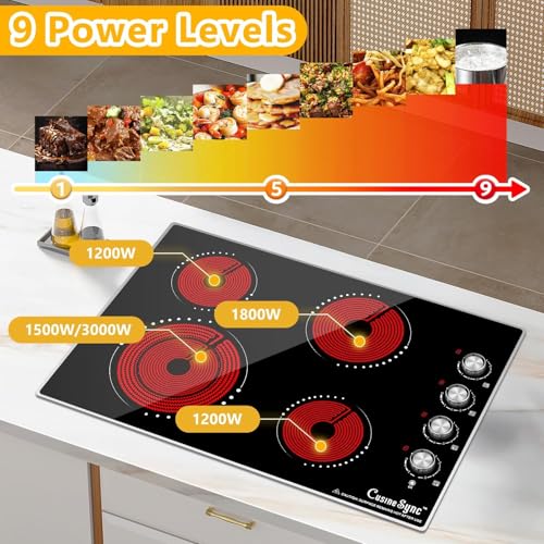 Image of 30 Inch Electric Cooktop, 4 Burner, 7200W Knob Control | Built-in radiant cooktop with ceramic glass, 4 zones and flat-bottom cookware use; 220-240V hardwired