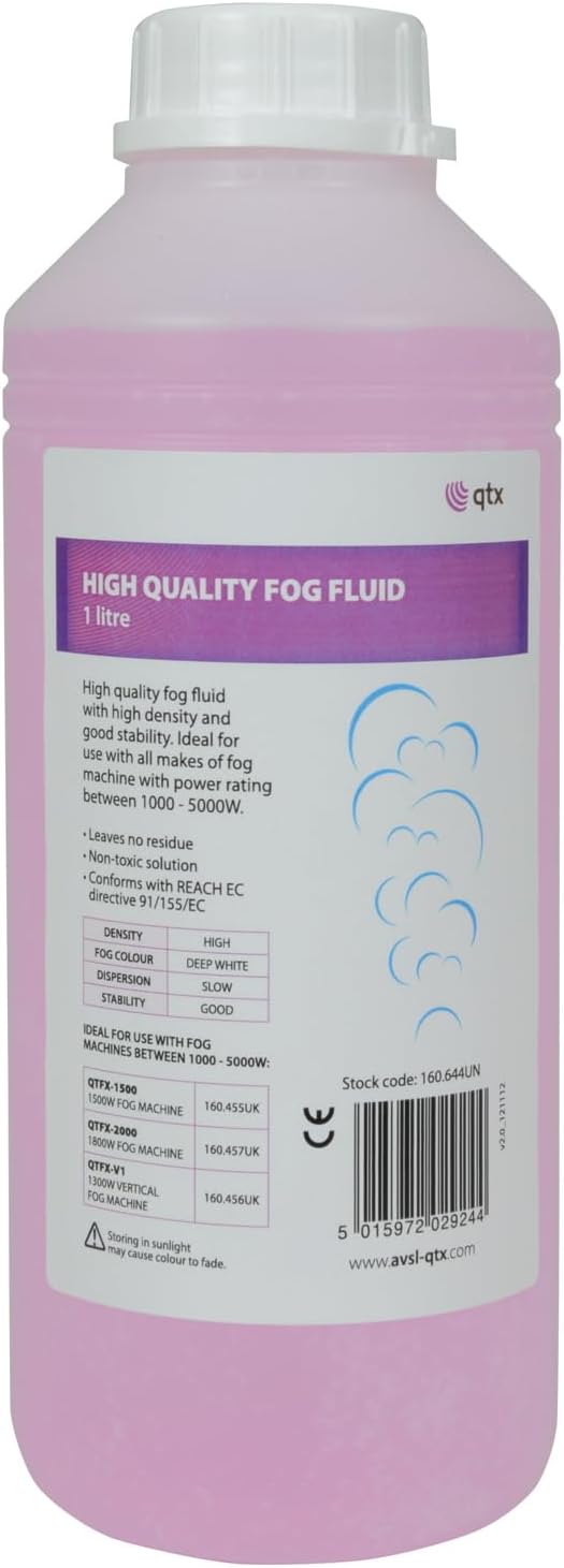 QTX Fog Fluid High Density Smoke Machine Liquid Professional Water-Based Fog Juice for DJ, Stage, Disco, Halloween & Party Fog Effects Clean Low Odour Mist for Most Foggers 1 Litres
