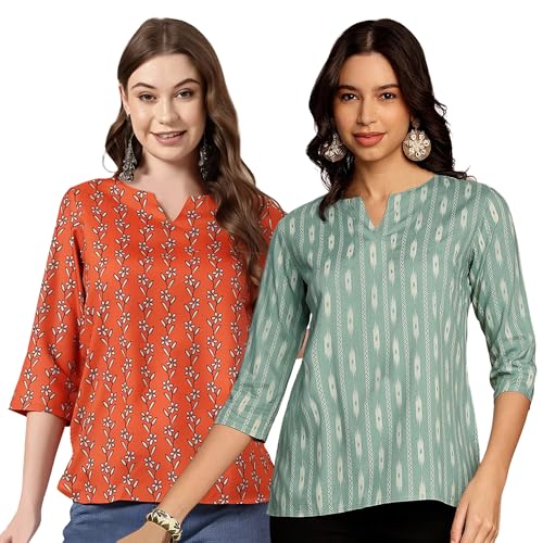 Image of Pinkmint Women's Printed Cotton Blend Short Kurti with 3 /4th Sleeve & Notch Neck l Casual & Office Wear Tunic Shirt Kurti