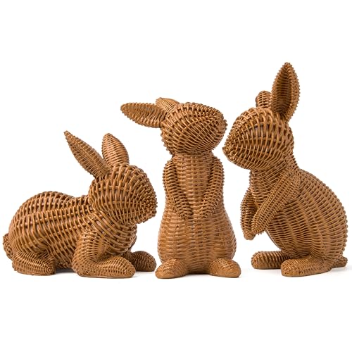 JOYIN 3 PCS Easter Bunny Resin Decorations Rattan-Look Realistic Bunny Rabbit Figurines for Home Tabletop Spring Decor Vintage Table Ornaments.