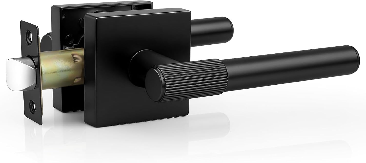 Probrico 1 Pack Matte Black Knurled Door Lock, Closet Door Knob, Square Interior Door Handle Set, Heavy Duty Passage Door Handle with Revsersible Lever for Closet and Hallway