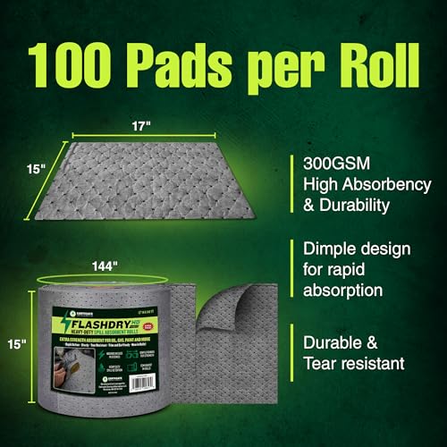 Image of FLASHDRY Universal Heavy Duty Spill Absorbent Roll Pads, Chemical & Oil Absorbing Pads - 300GSM /4mm (15 inch x 144 ft) for Garage, Workshop, Automotive, and Industrial Use - Perforated, Dispenser Box