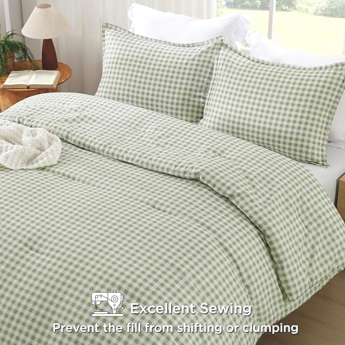 Image of Andency Sage Gingham Comforter Set Full(79x90Inch), Green Checkered Grid Plaid Buffalo Bed Set for Girls Boys Kids Teens, 3 Pieces Lightweight Polyester Geometric Preppy Bedding