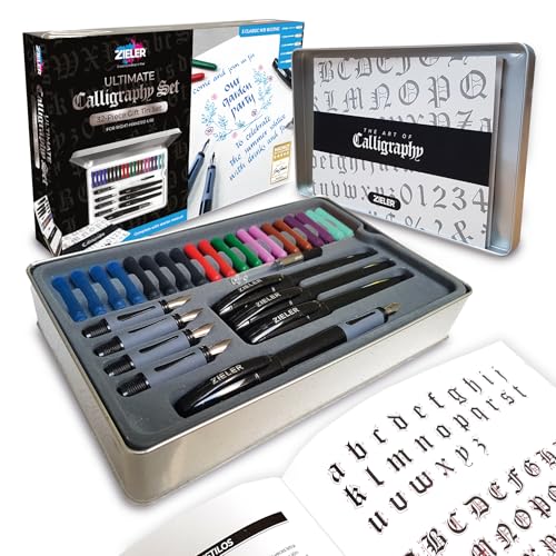 Zieler Ultimate Calligraphy Pen Set 32-piece Gift Tin Set 4 Soft Grip Calligraphy Pens 5 free-flowing Nib sections 20 Ink cartridges Ink convertor with Calligraphy Starter Guide