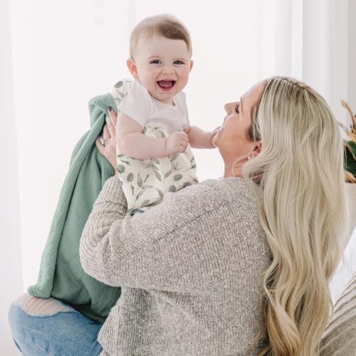 Konssy Muslin Baby Blankets for Girls Boys, 100% Cotton Crib Blanket for Infant Toddler, Super Soft and Lightweight Nursery Swaddling Wrap 40"x36" (Green Leaves)