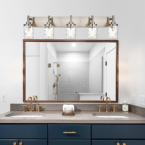 Image of Bathroom Vanity Lighting Fixtures 5 Lights,Brushed Nickel Bathroom Vanity Lights with Clear Hammered Shade Wall Sconce Lighting Modern Farmhouse Bath Lighting