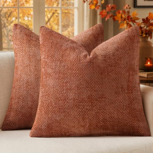 Image of MIULEE Pack of 2 Fall Rust Decorative Pillow Covers 18x18 Inch Soft Chenille Couch Throw Pillows Farmhouse Cushion Covers for Home Decor Sofa Bedroom Living Room