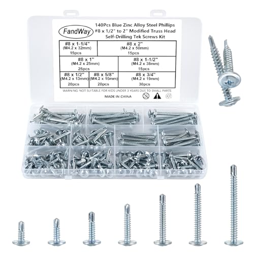 FandWay 140 Piezas Tornillos Autoperforantes de Cabeza Redonda M4.2x13~50mm Tornillos Roscachapas de Acero al Carbono,Tornillos Autorroscantes con Cruciforme Galvanizado.Para Chapa Aluminio Madera.