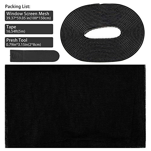 Flyzzz DIY Self-Adhesive Window Screen Netting Mesh Curtain, 100X150cm (Approach 39.37x59.05 Inches), with Hook and Sticky Tape, Fitted to Multiple Windows (1 Pack, Black)