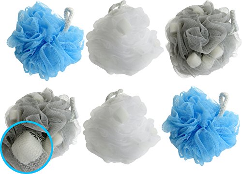 Styla Hair Loofah Bath Sponge (6 Pack/70 Grams Each) Exfoliating Shower Pouf with Mini Absorbent Sponges (Extra Large)