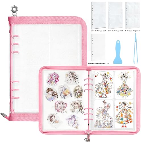 Mlife Sticker Organizer Binder Sticker Storage Organizer Reusable Sticker Book Collecting Album A5 Sticker Collecting Book Clear Sticker Binder Album with Blank Release Paper, Tweezer & Spatula(Pink)