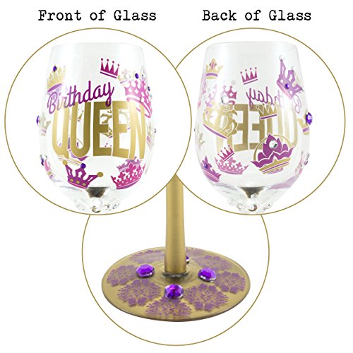 Top Shelf “Birthday Queen” Decorative Wine Glass ; Funny Gifts For Women ; Hand Painted Purple And Gold Design ; Unique Red Or White Wine Glasses #TOP4